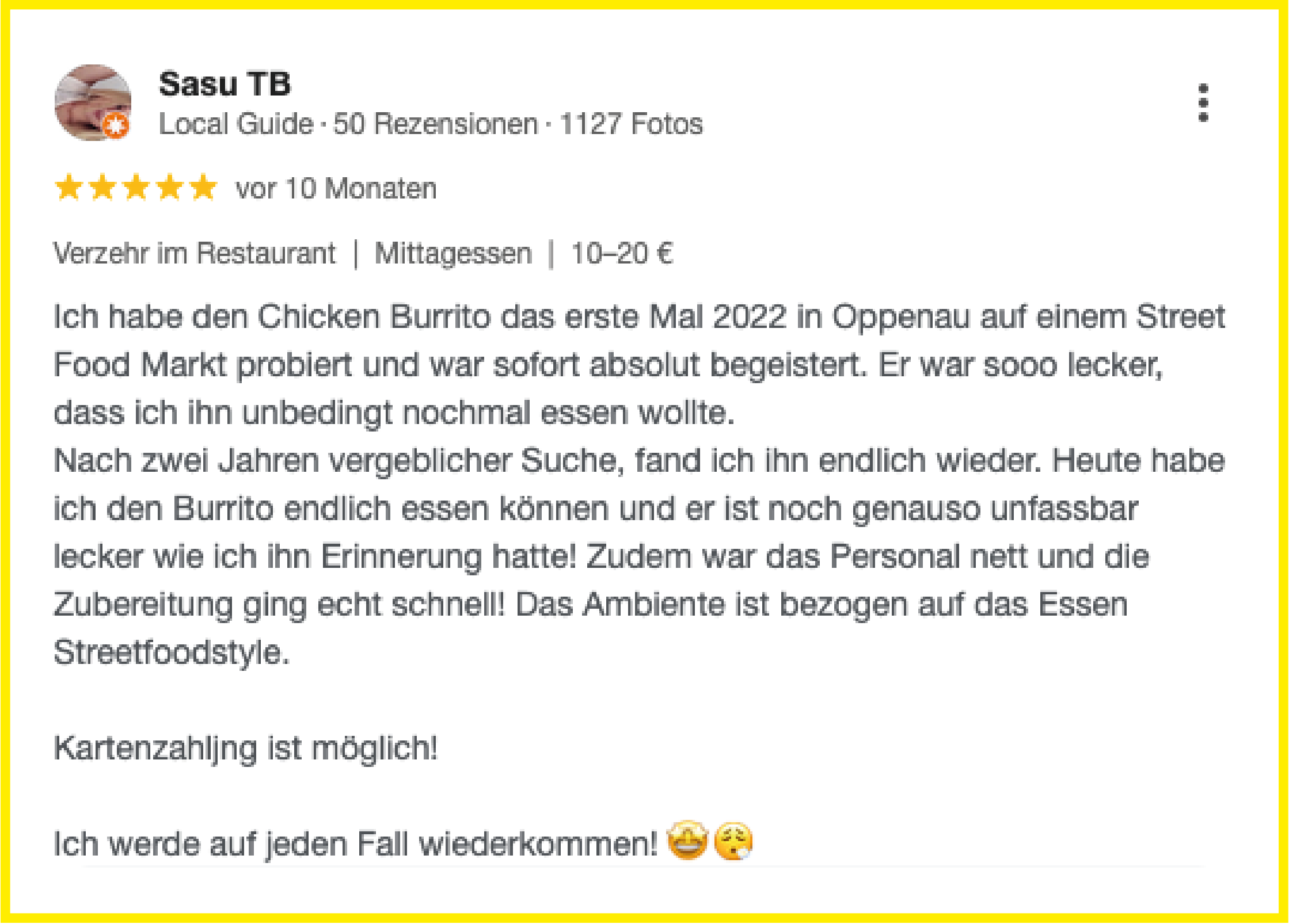 Ein Kunde gibt ein fünf Sterne Rezesion bei Google ab und betont den guten Geschmack