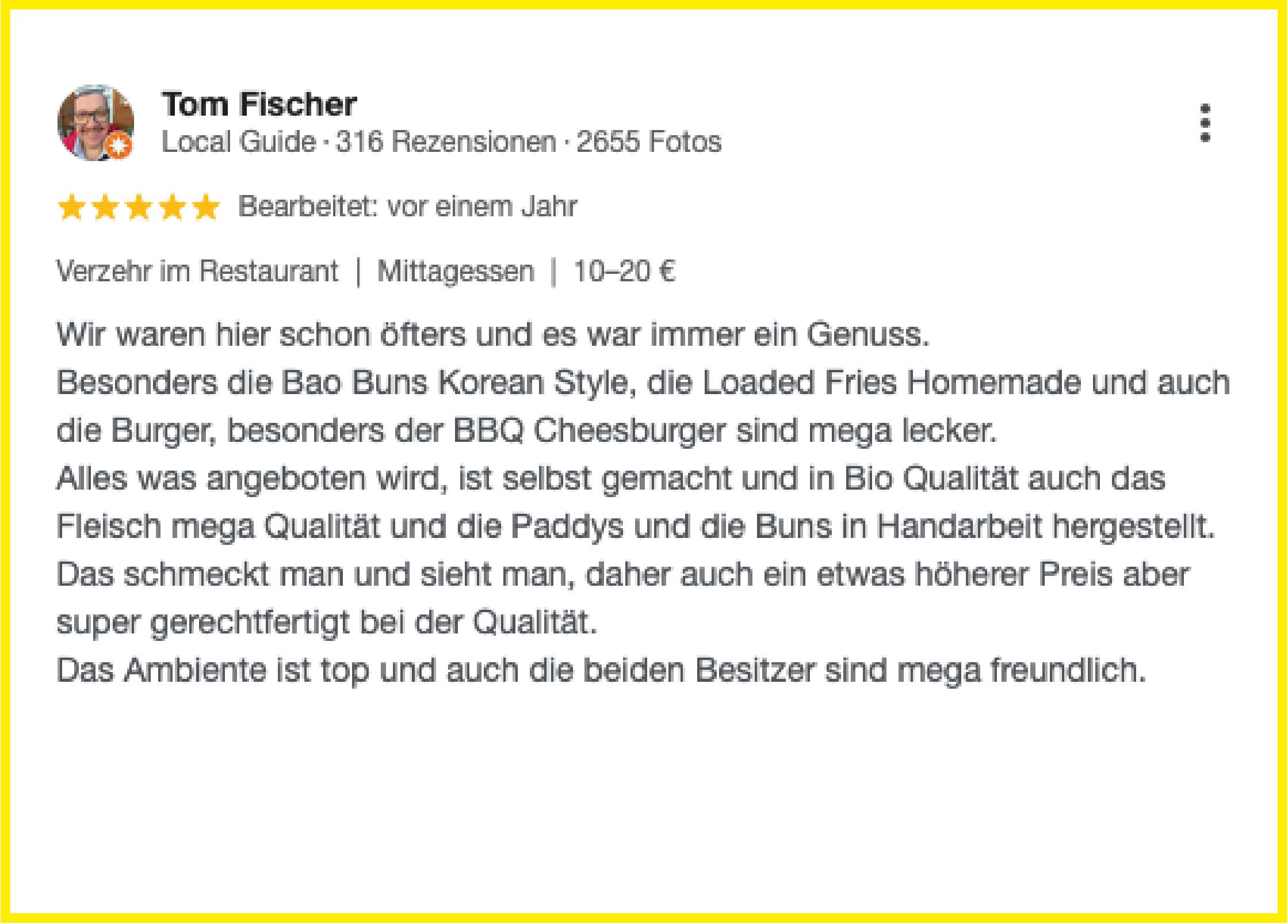 Ein Kunde gibt ein fünf Sterne Rezesion bei Google ab und betont die gute Qualität