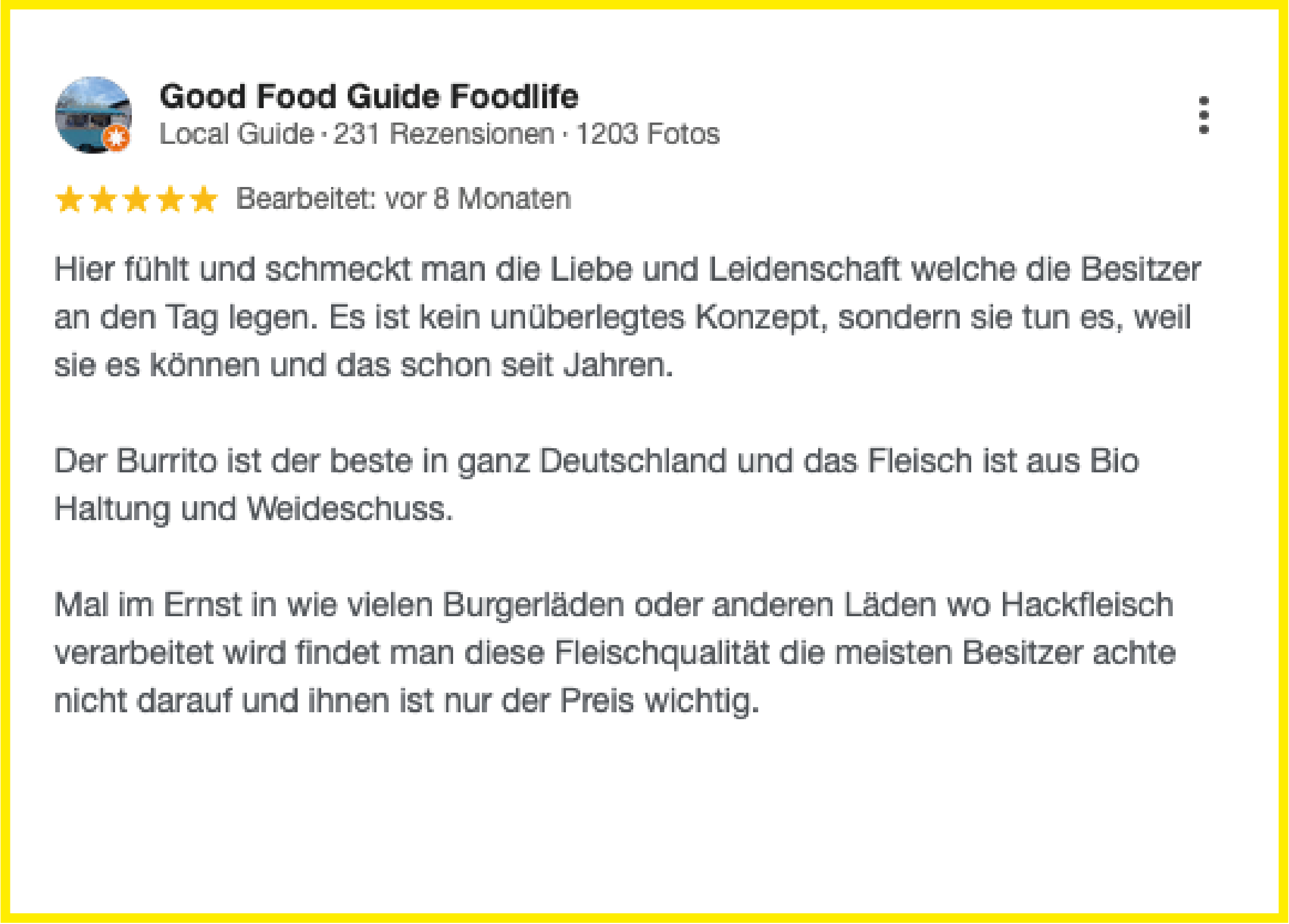Ein Kunde gibt ein fünf Sterne Rezesion bei Google ab und betont das handwerkliche Können